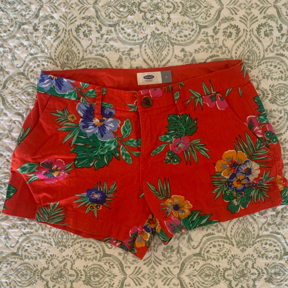 Old Navy Red and Green High Waist Floral Shorts